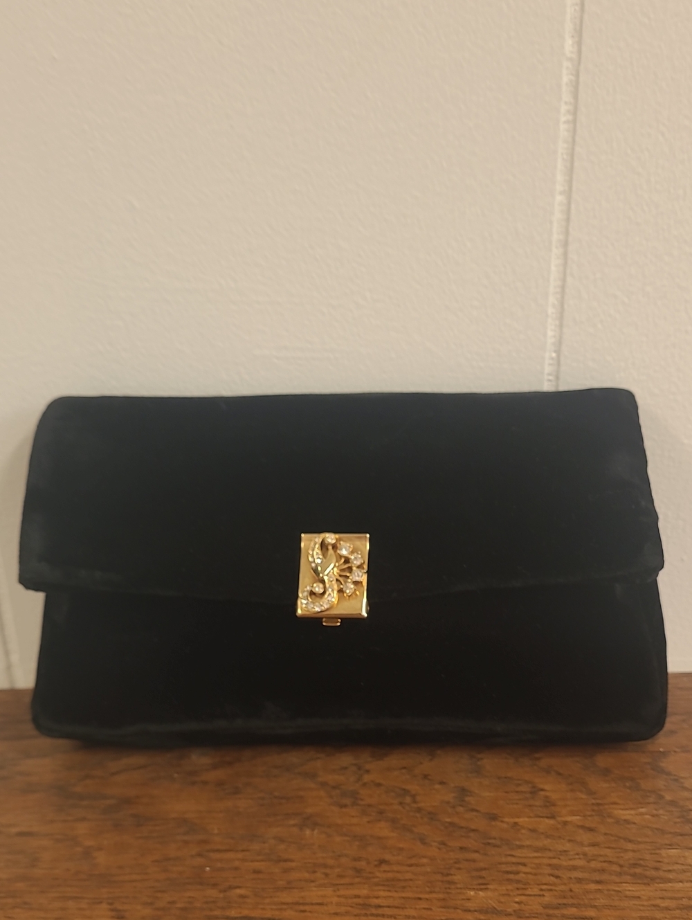 Garay Vintage Black Velvet Evening Clutch with Gold Tone Clasp and Embellishment